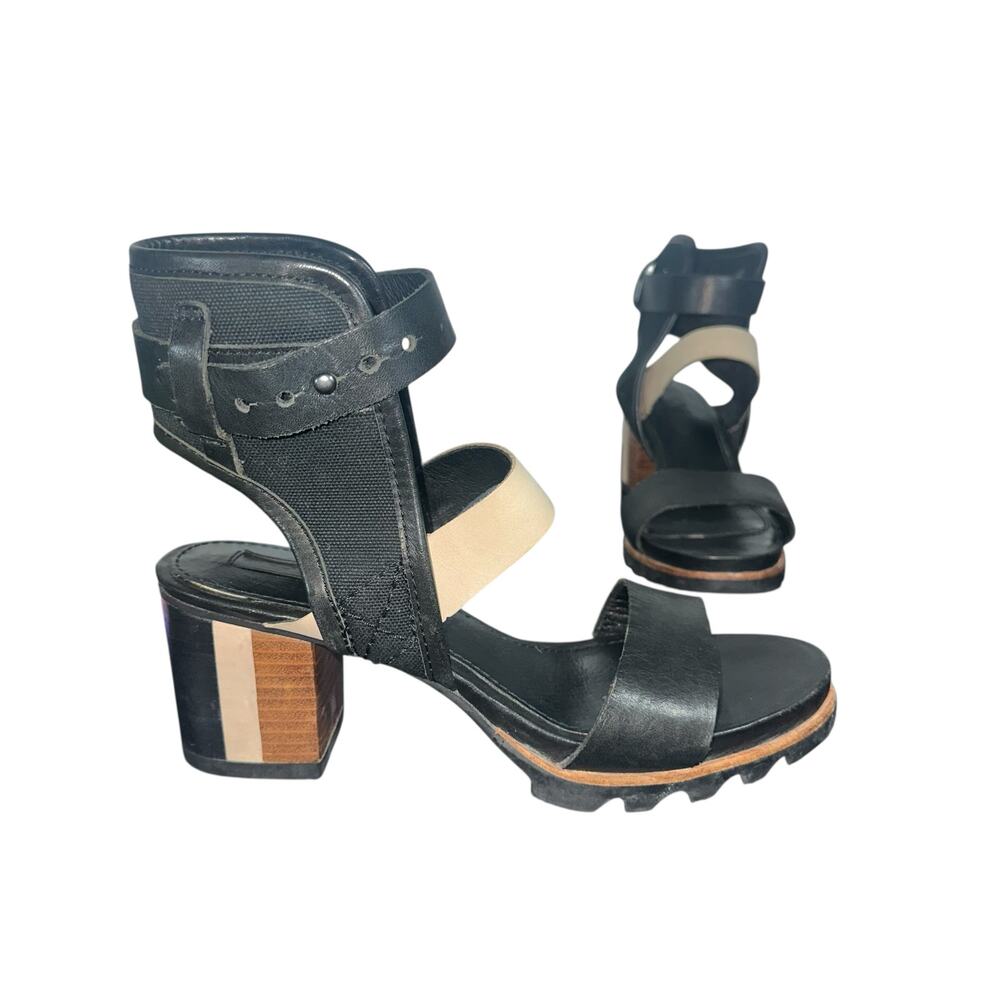 Sorel Addington Cuff Black Leather Heeled Sandals Size 7.5 | Block Heel Comfort